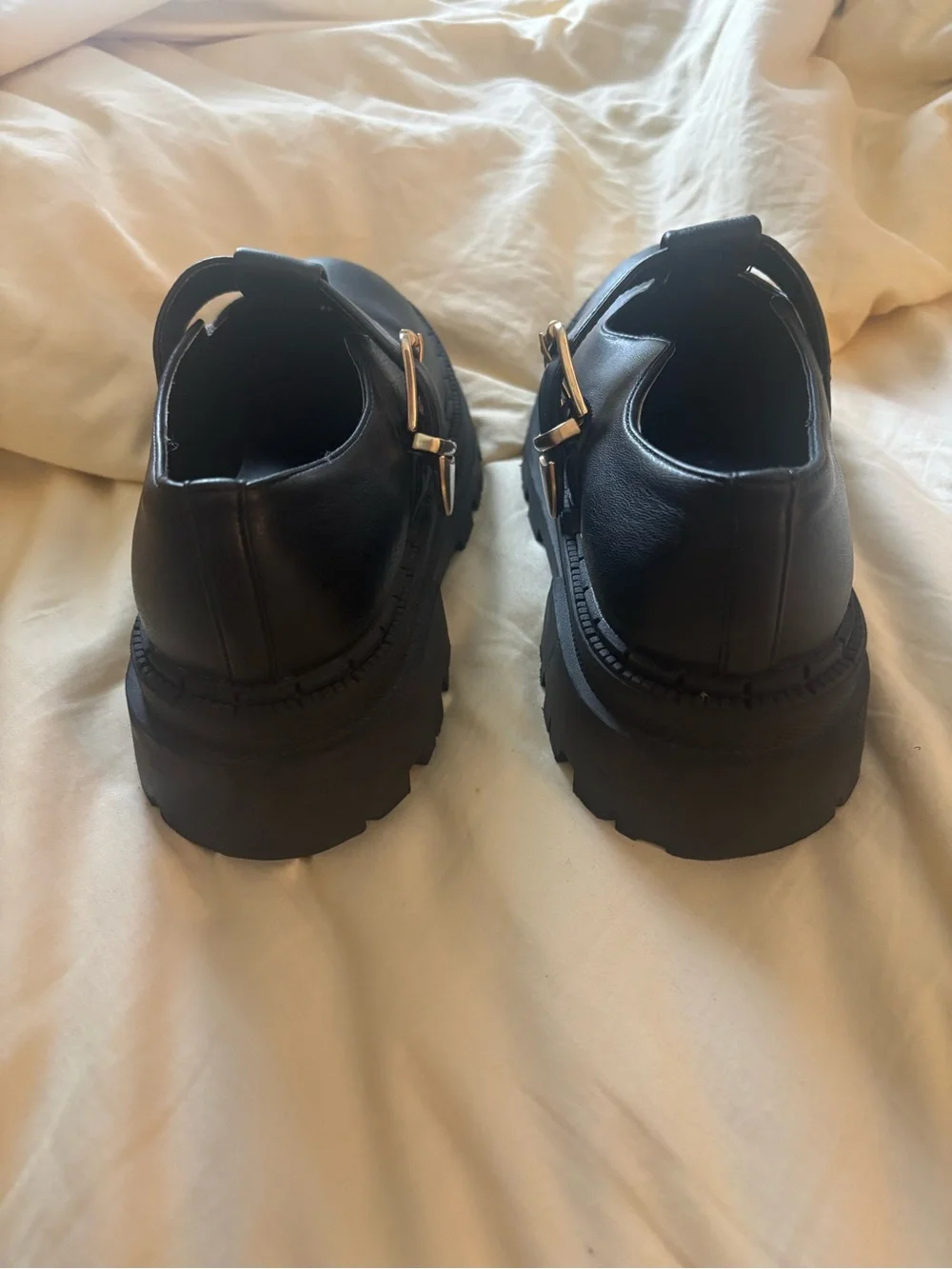 Steve Madden Black Mary Jane Lug Sole Loafer with Gold Buckle